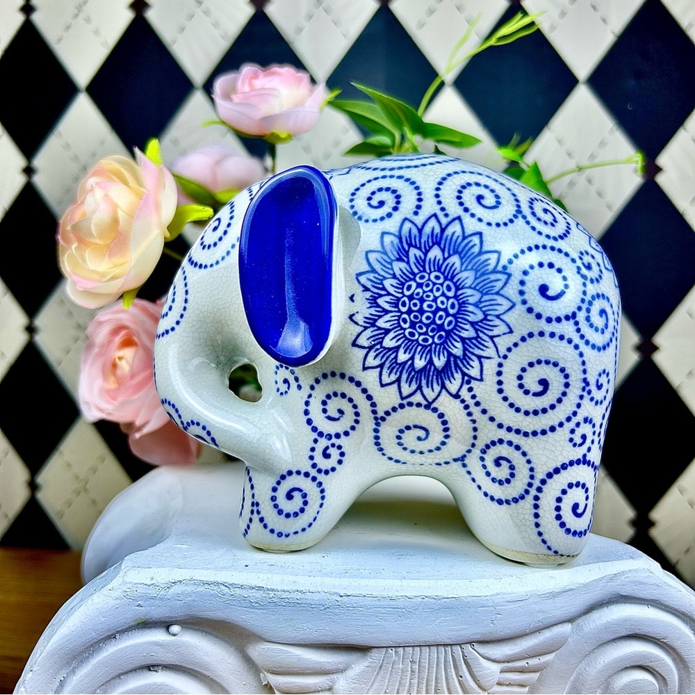 Turkish Porcelain Elephant Figurine Blue Floral Pattern Folk Art Collectible